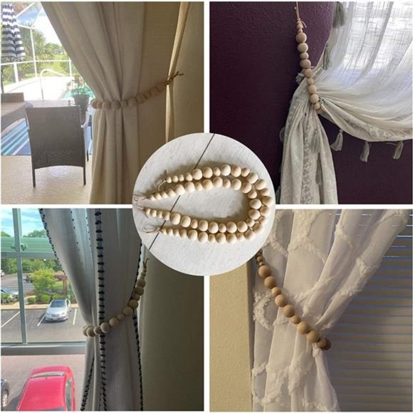 Set of 2 Curtain Tie Backs (Color Beads - Khaki Leather Cord) - Picture 3 of 5